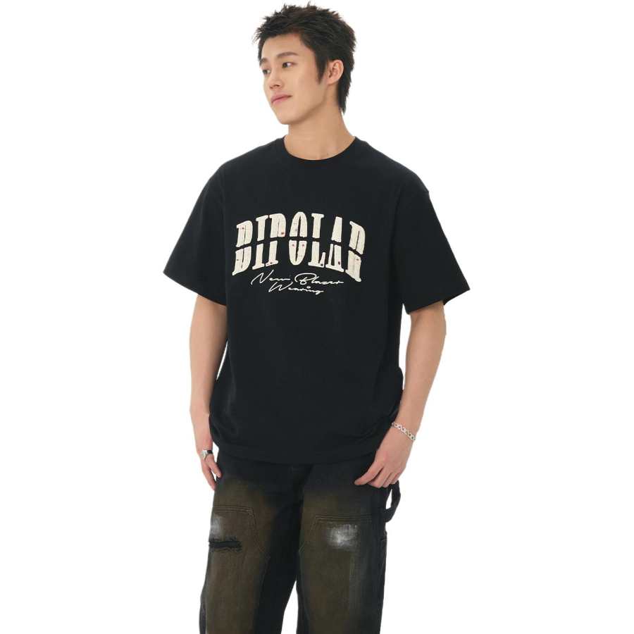 BIPOLAR Men's American Vintage Hip Hop Trendy Street Crew Neck Loose Fit Pullover Short Sleeved T Shirt Unisex