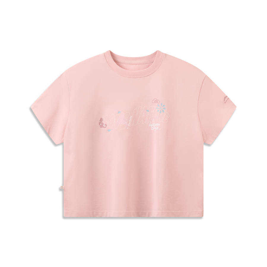 Li-Ning Li Ning T Shirts Women's Dust Sand Pink Crew Neck Moderate Straight Fit