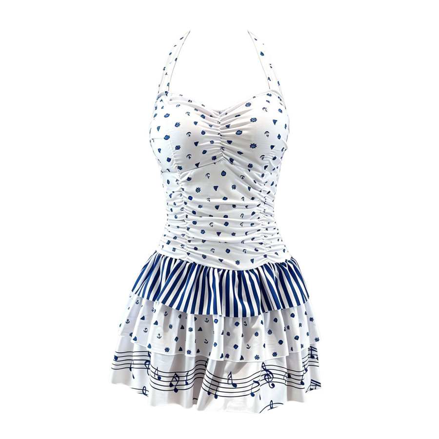 Sugarfunk One Piece Swimsuits Women's Blue Halter Thin Short Skirt
