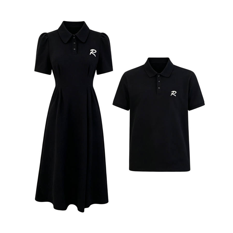 TUSHIFEI Couple Sets Women's Polo Collar Moderate Midi Skirt