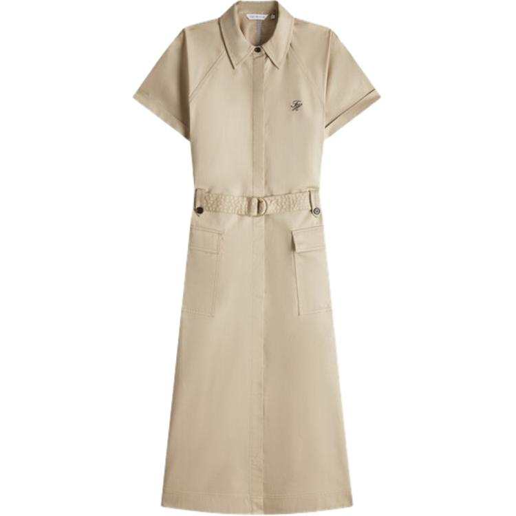 Tommy Hilfiger Short Sleeved Dresses Women's Khaki AB9 Lapel Moderate Midi Skirt A Line Skirt