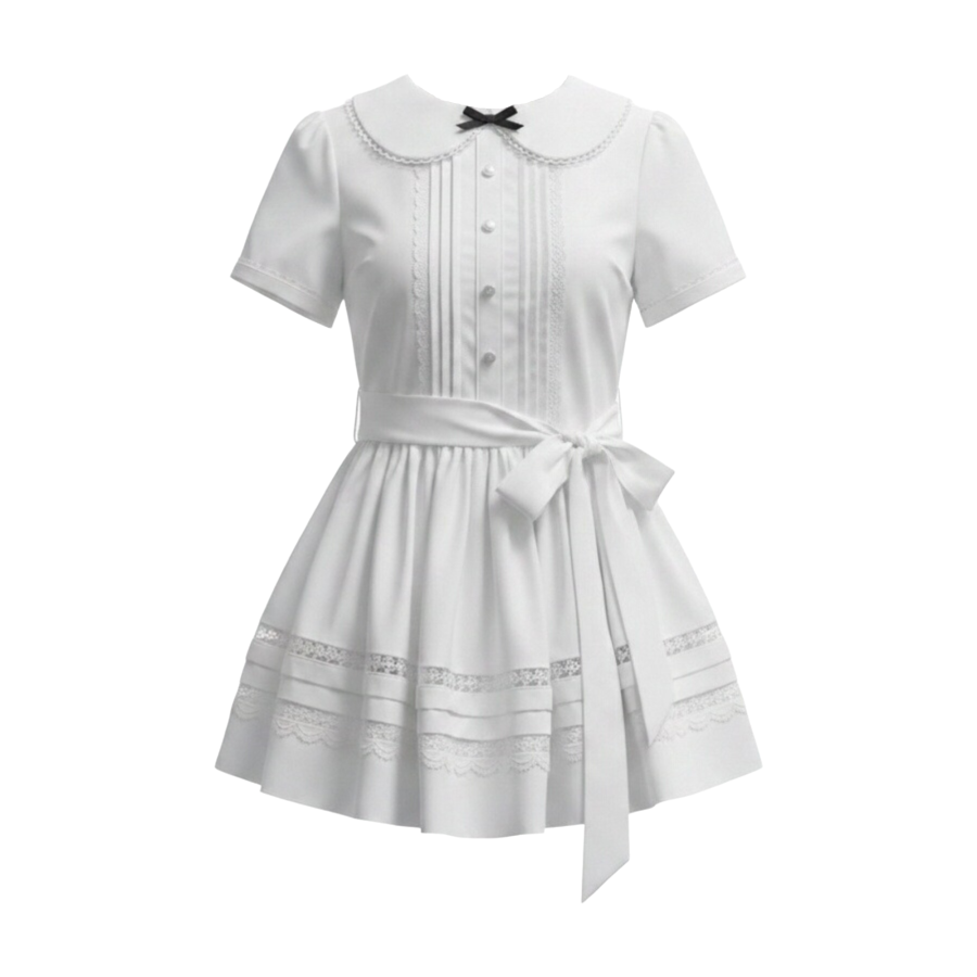 FINDSME GAGA Short Sleeved Dresses Women's White Peter Pan Collar Thin Short Skirt Pleated Skirt