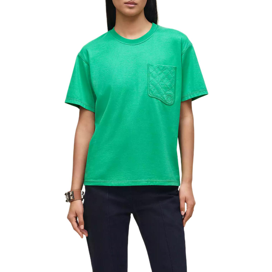 HERMES T Shirts Women's Green Crew Neck Moderate Straight Fit