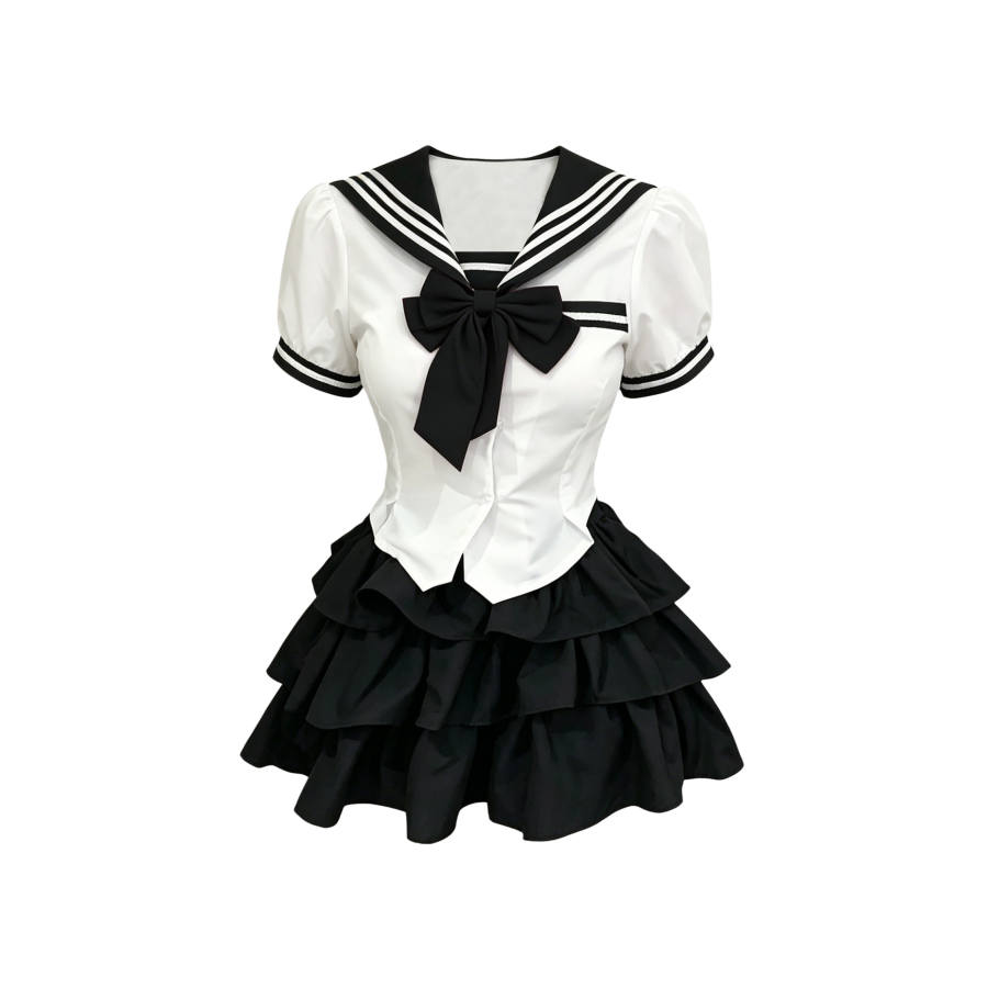 TUSHIFEI Two Piece Skirt Sets Women's Navy Collar Moderate Short Skirt