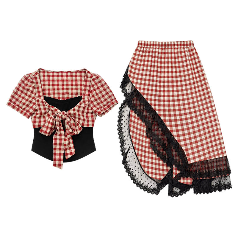 FABRIC PIG Two Piece Skirt Sets Women's Red Plaid Top+Long Skirt Square Collar Thin Long Skirt