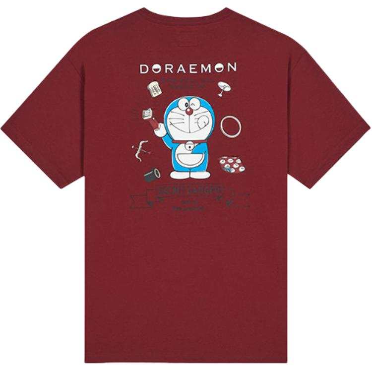 New Era X Doraemon T Shirts Unisex Burgundy Crew Neck Moderate Straight Fit