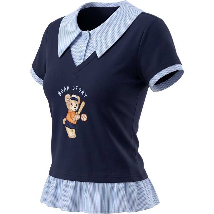 SNBL T Shirts Women's Navy Blue Lapel Moderate Nipped In Waist
