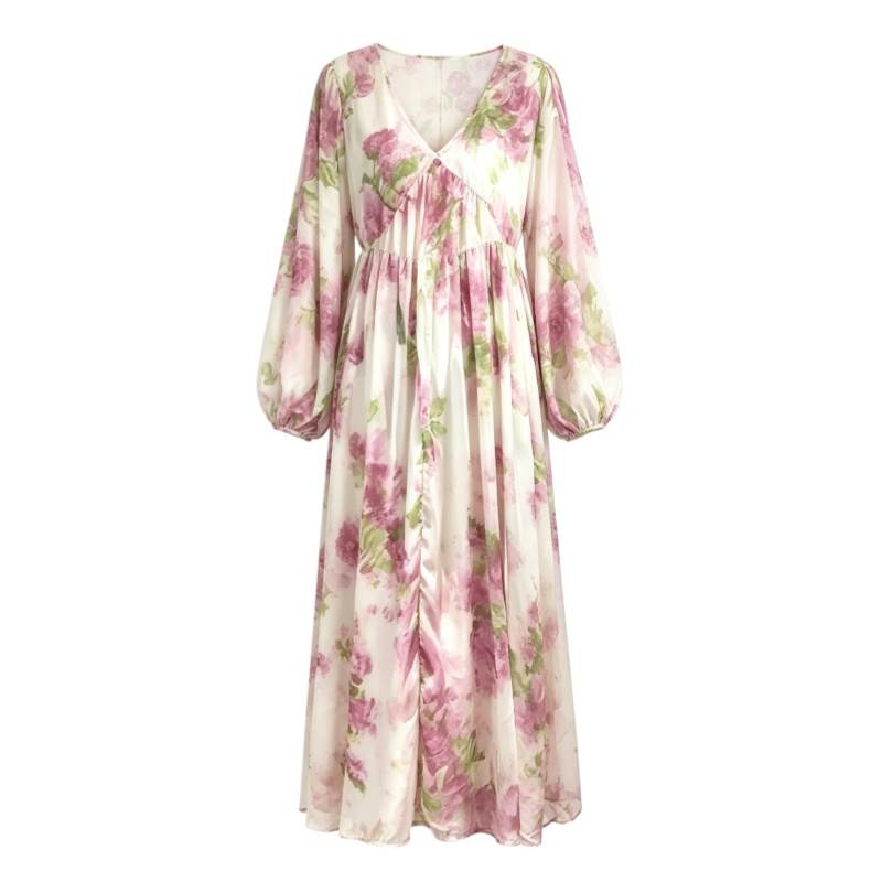 CPAURA Long Sleeved Dresses Women's Image Color V Neck Moderate Long Skirt A Line Skirt