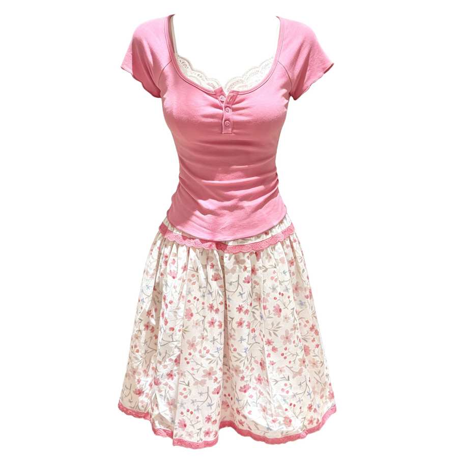 Sugarfunk Two Piece Skirt Sets Women's V Neck Thin Midi Dress
