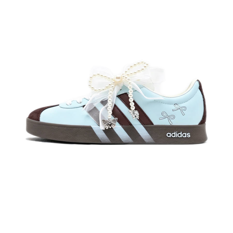 Adidas Adidas Vl Court Classic Skateboard Shoes Women's Low Top Light Blue Brown White Color Block
