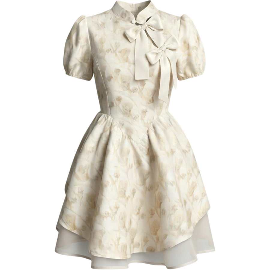 CHARM GLOW Short Sleeved Dresses Women's Multicolor Stand Collar Thin Short Skirt Puffy Skirt