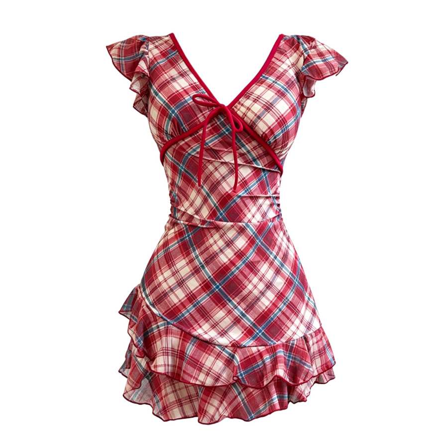 Sugarfunk Two Piece Swimsuits Women's Red V Neck Thin Short Skirt Two Piece Swimsuit