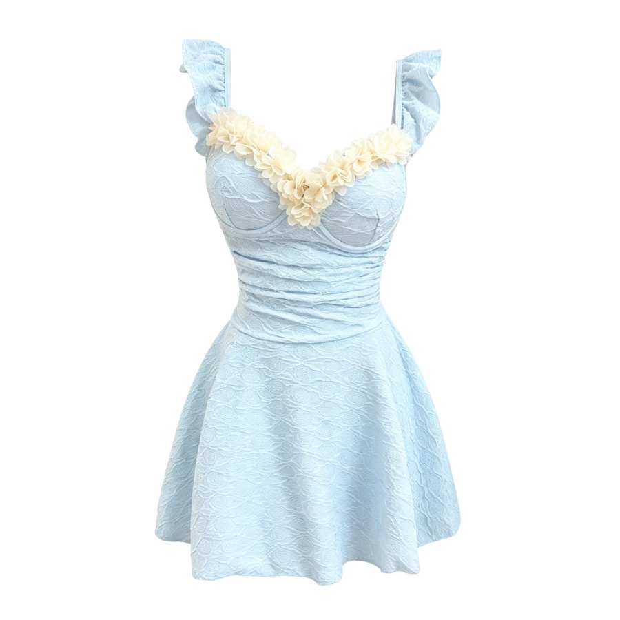 Sugarfunk One Piece Swimsuits Women's Light Blue V Neck Thin Short Skirt One Piece Swimsuit