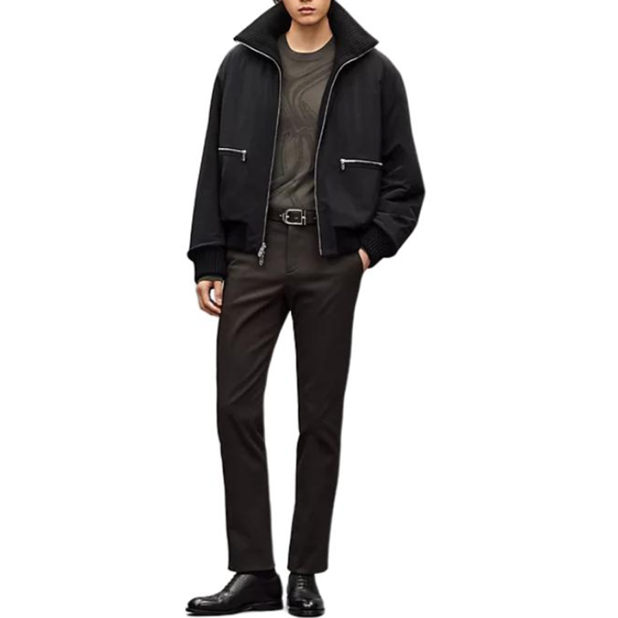 HERMES Jackets Men's Black Stand Collar Moderate Nipped In Waist