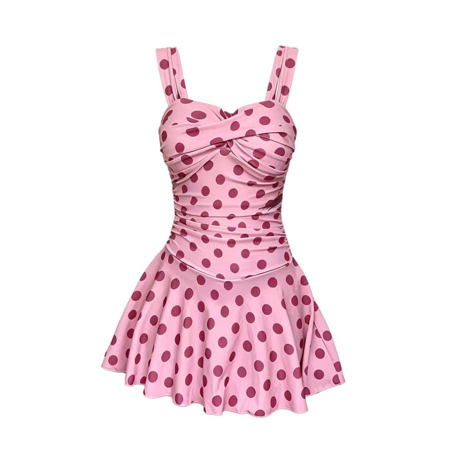 Sugarfunk One Piece Swimsuits Women's Pink Polka Dot Camisole Thin Short Skirt One Piece Swimsuit