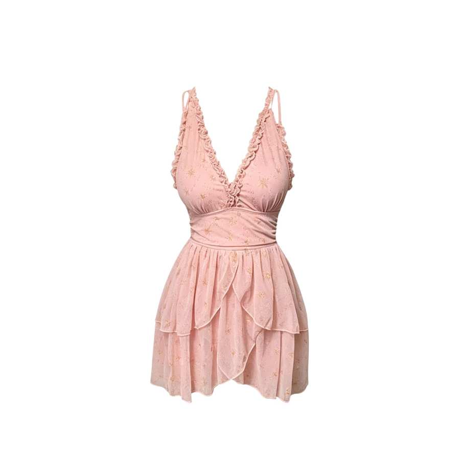 Sugarfunk One Piece Swimsuits Women's Pink Halter Thin Short Skirt One Piece Swimsuit