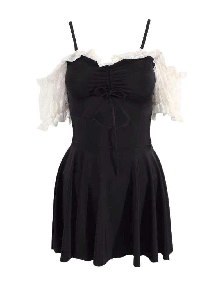 Sugarfunk One Piece Swimsuits Women's Black Camisole Thin Short Skirt One Piece Swimsuit
