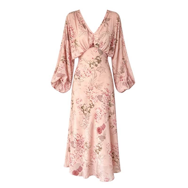 CPAURA Long Sleeved Dresses Women's Image Color V Neck Moderate Long Skirt A Line Skirt