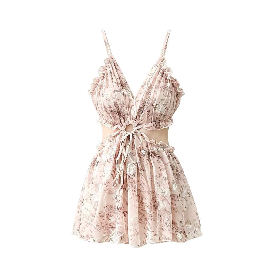Sugarfunk One Piece Swimsuits Women's Light Pink Floral V Neck Thin Short Skirt One Piece Swimsuit