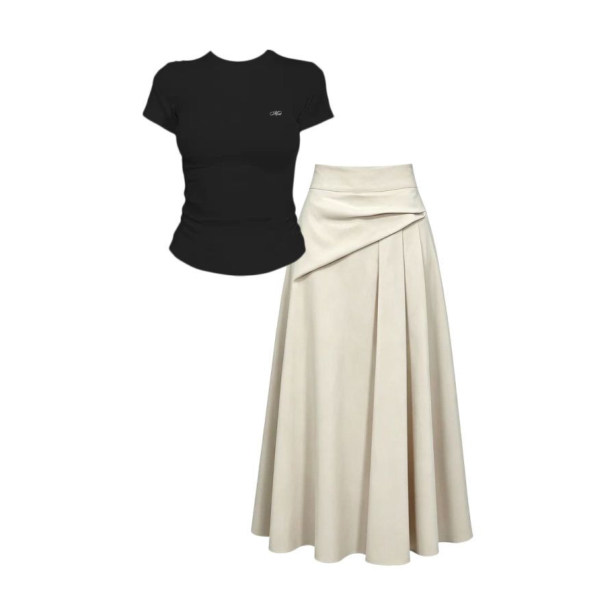 MostwantedLab Two Piece Skirt Sets Women's Crew Neck Moderate Long Skirt
