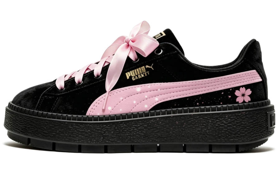 PUMA Platform Trace Skateboard Shoes Women's Low Top Black Pink Color Block With Cherry Blossom Accents