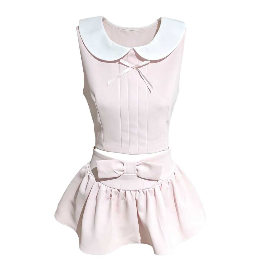 Sugarfunk Two Piece Skirt Sets Women's Peter Pan Collar Moderate Short Skirt