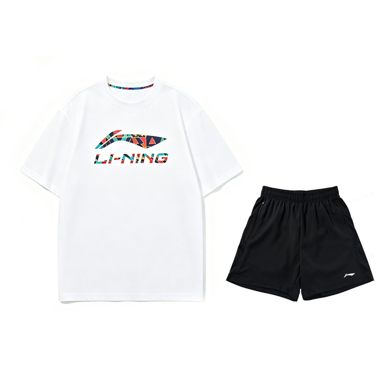 Li-Ning Li Ning Casual Sportswear Men's Standard White Short Sleeved Shirt+Black Shorts Crew Neck Thin