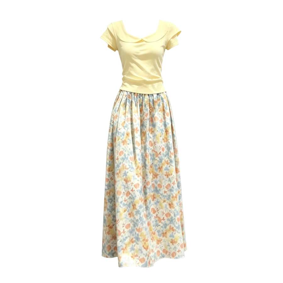 Sugarfunk Two Piece Skirt Sets Women's Peter Pan Collar Thin Long Skirt