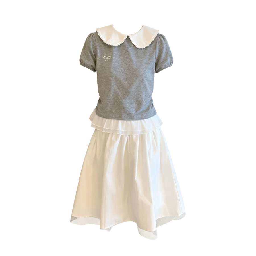 Sugarfunk Two Piece Skirt Sets Women's Peter Pan Collar Thin Midi Skirt