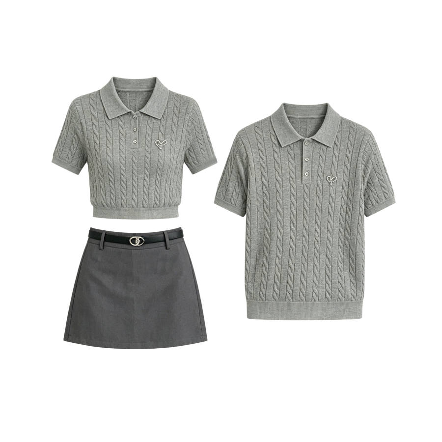 TUSHIFEI Couple Sets Women's Polo Collar Moderate Short Skirt