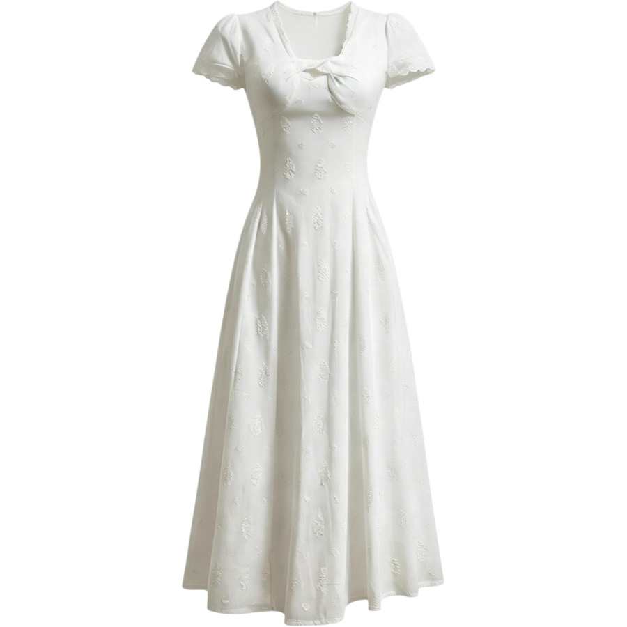 CHARM GLOW Short Sleeved Dresses Women's White V Neck Moderate Long Skirt A Line Skirt