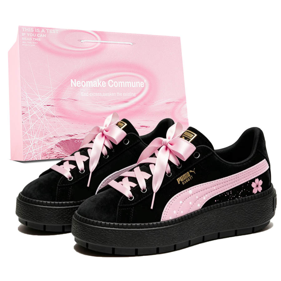 PUMA Platform Trace Skateboard Shoes Women's Low Top Black Pink Color Block With Cherry Blossom Accents