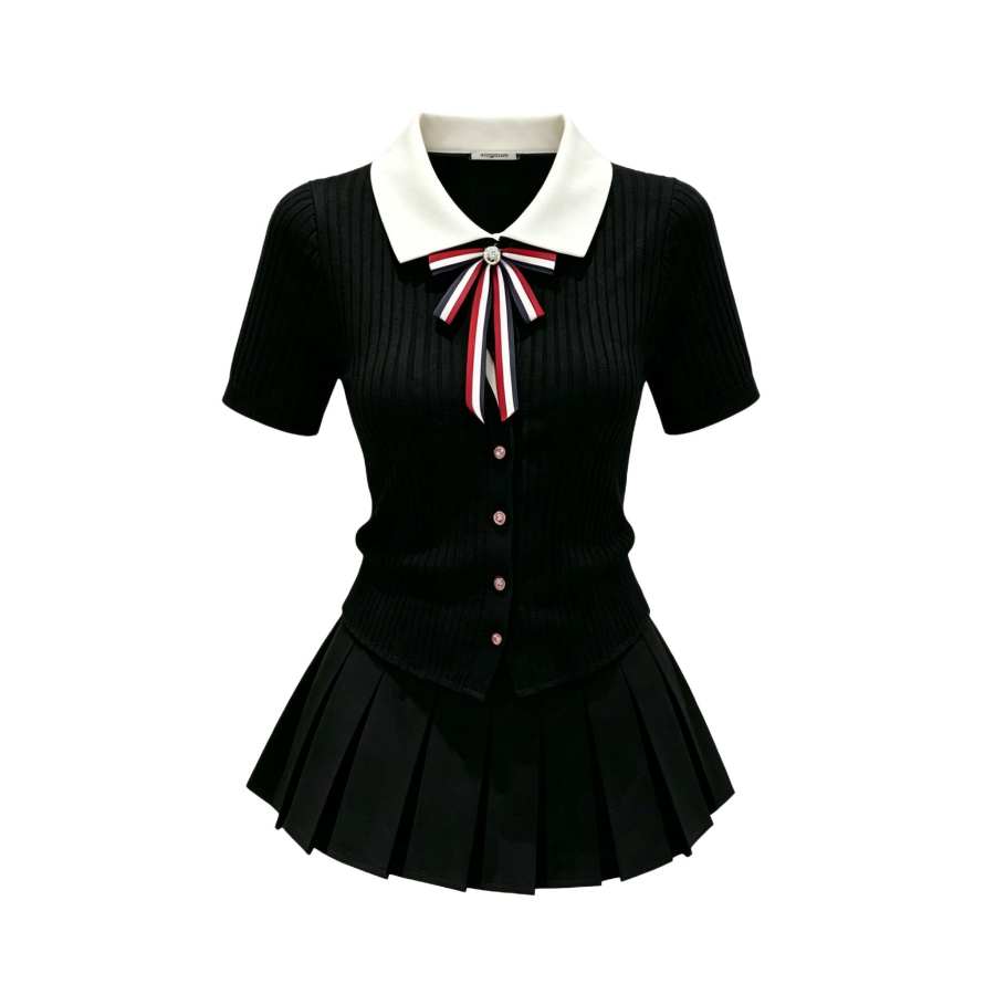 Sugarfunk Two Piece Skirt Sets Women's Navy Collar Moderate Short Skirt