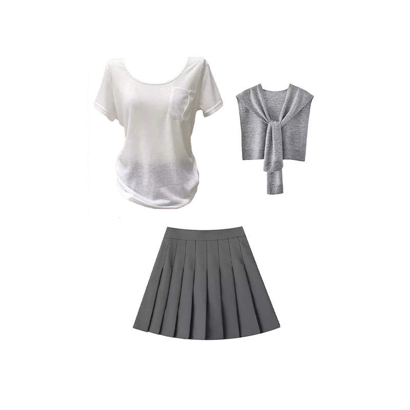 Sugarfunk Two Piece Skirt Sets Women's Crew Neck Thin Short Skirt