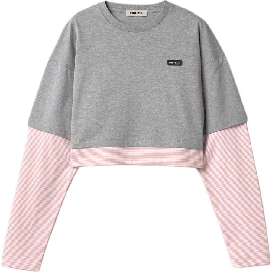 MIU MIU T Shirts Women's Gray & Autumn Begonia Pink Crew Neck Moderate Straight Fit