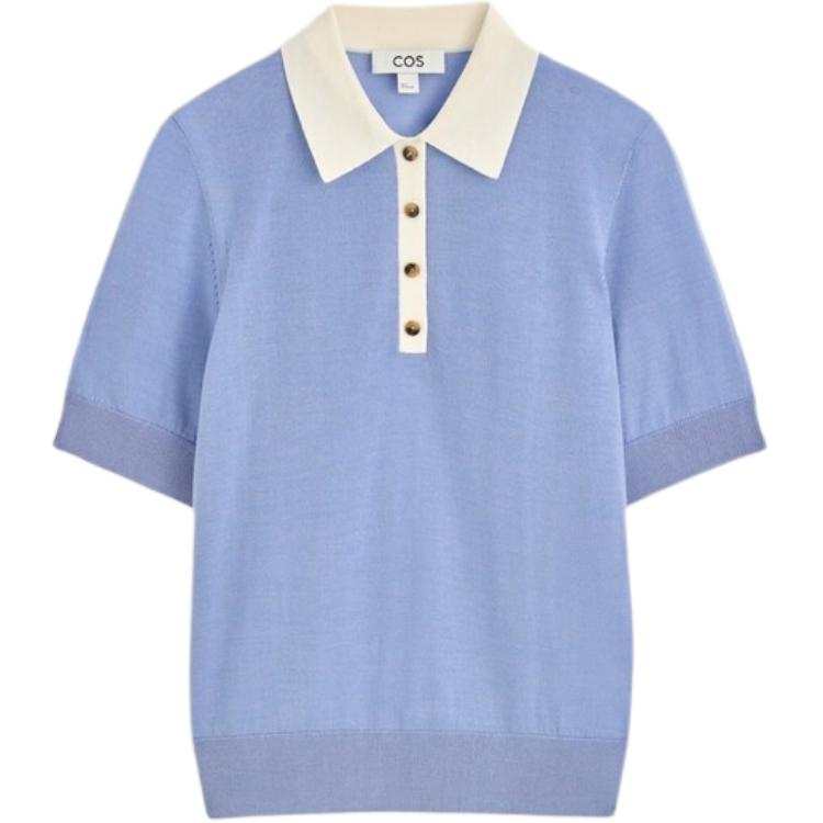 COS Polo Shirts Women's Blue/Ivory White Polo Collar Moderate Straight Fit