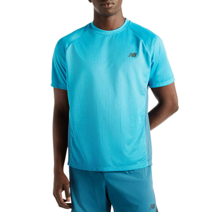New Balance New Balance Running T Shirts Men's High Sky Blue/Stream Green Crew Neck Moderate