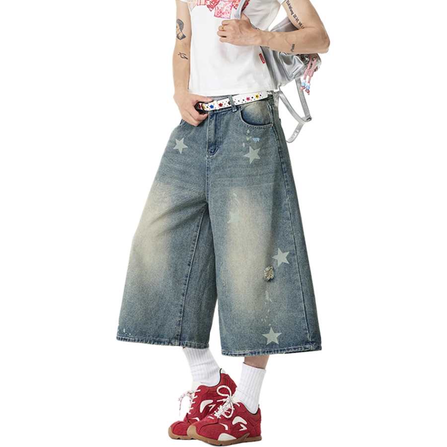 WARRIOR Denim Shorts Unisex Blue DIY Badge Thin Wide Leg Pants