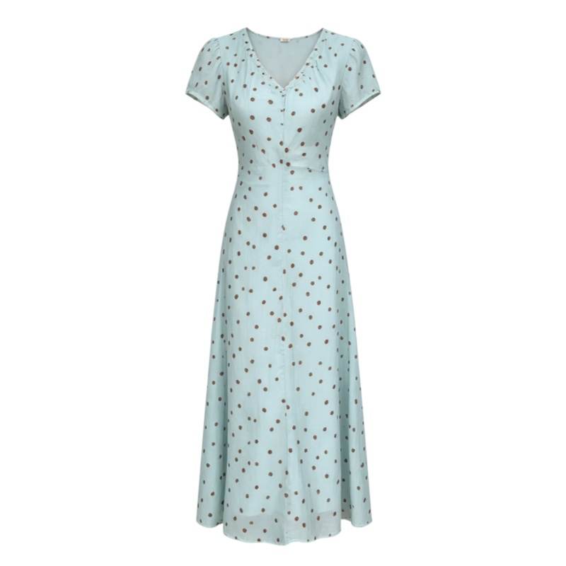 CPAURA Short Sleeved Dresses Women's Image Color V Neck Moderate Long Skirt A Line Skirt