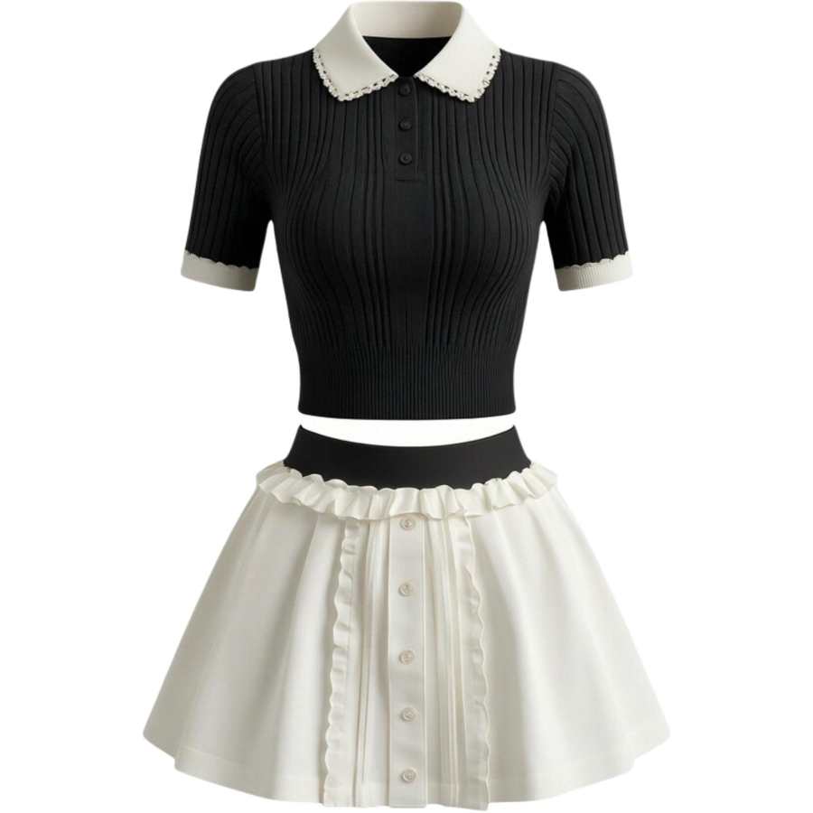 CHARM GLOW Two Piece Skirt Sets Women's Peter Pan Collar Moderate Short Skirt