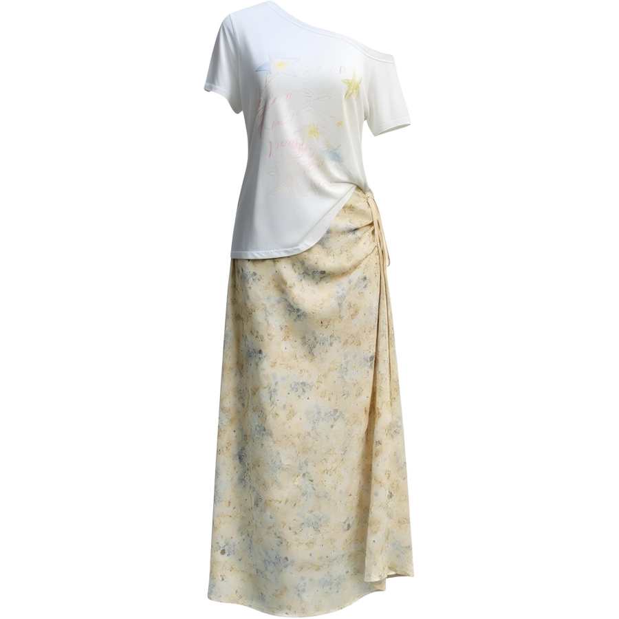 CHARM GLOW Two Piece Skirt Sets Women's Asymmetrical Collar Moderate Long Skirt