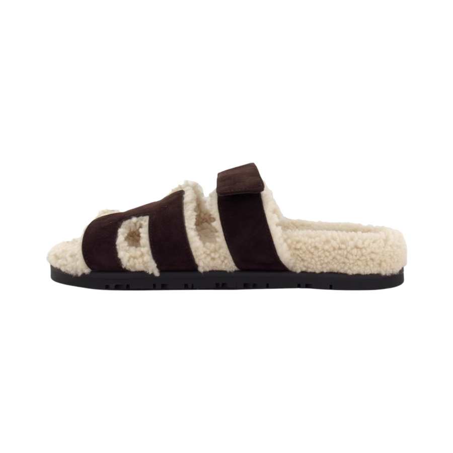 HERMES Chypre Slide Slippers 1.2cm Women's Ebony Brown & Beige