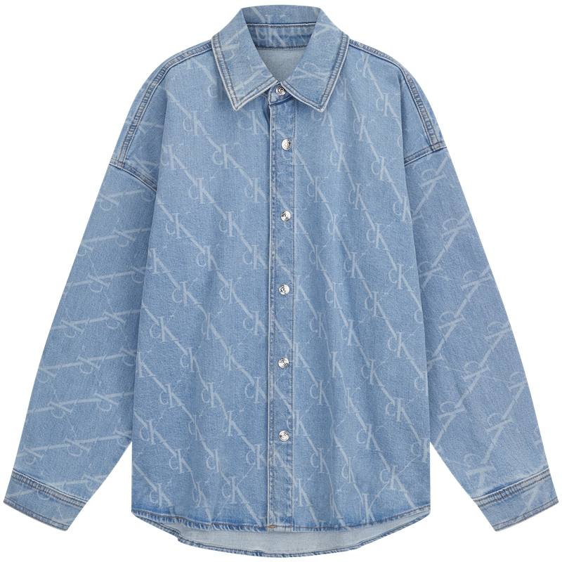 Calvin Klein Shirts Women's Q0Z Denim Light Blue Lapel Moderate Straight Fit
