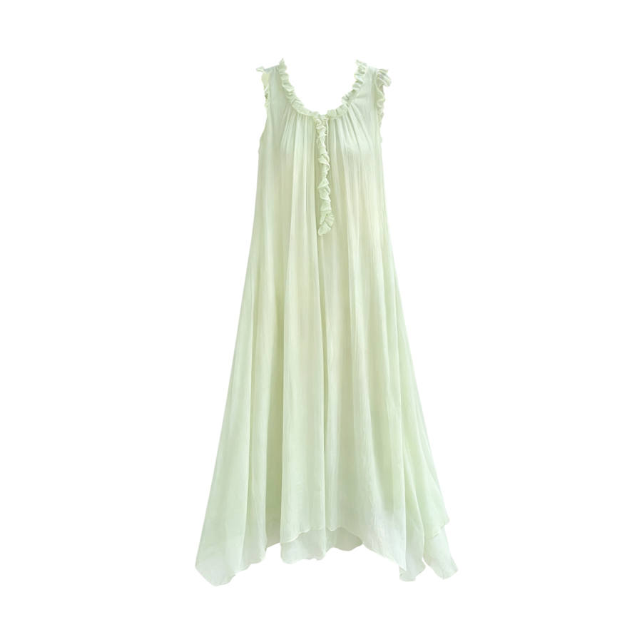 TUSHIFEI Sleeveless Dresses Women's Milk Green Crew Neck Thin Long Skirt A Line Skirt