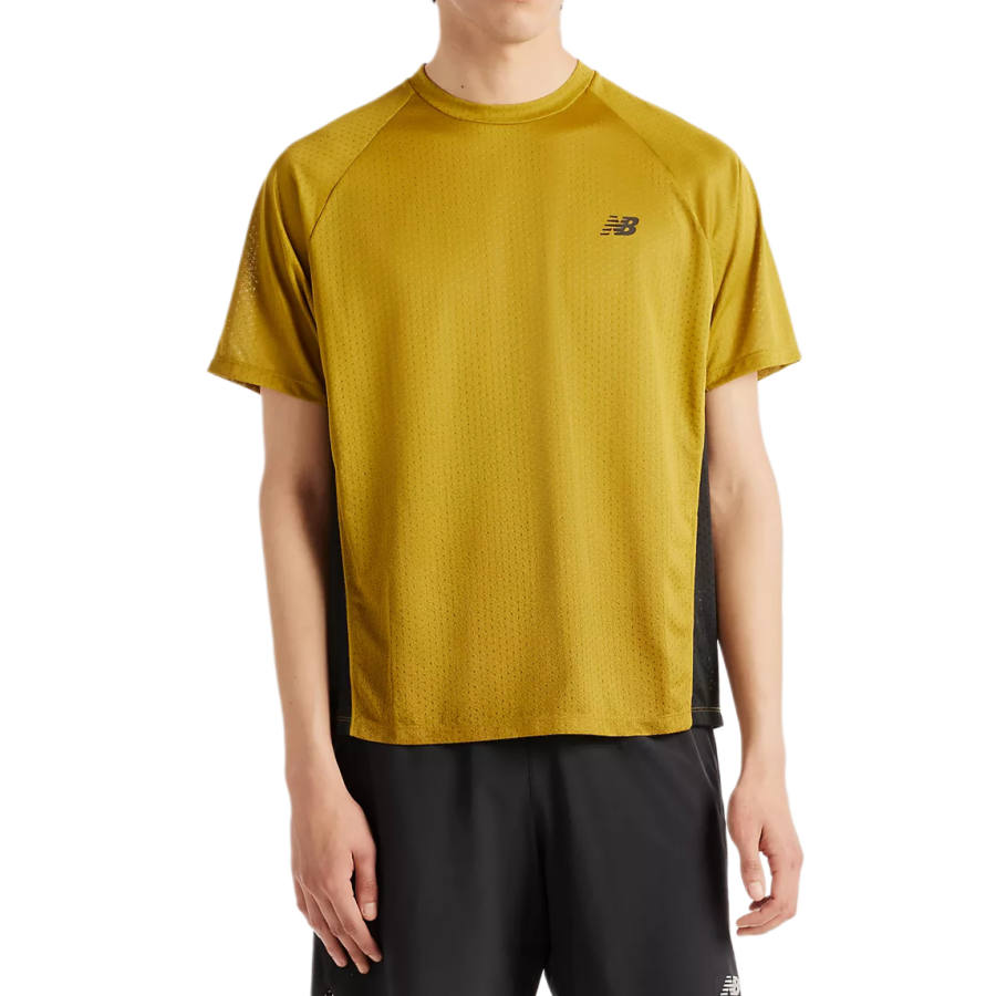 New Balance New Balance Running T Shirts Men's Ocimum Basilicum Basil Oil Green/Black Crew Neck Moderate