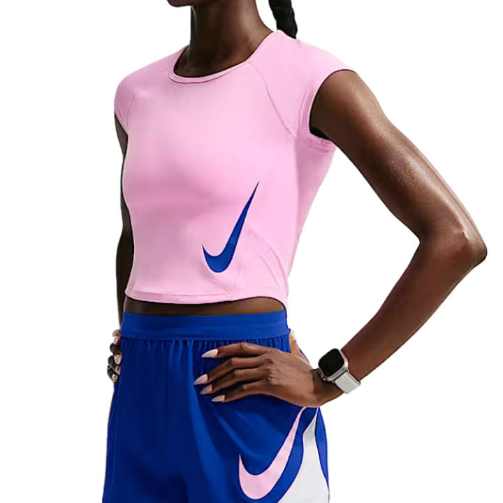 Nike Nike TEMPO Running T Shirts Women's Pink Rising/Pink Rising/Old Royal Blue Crew Neck Moderate