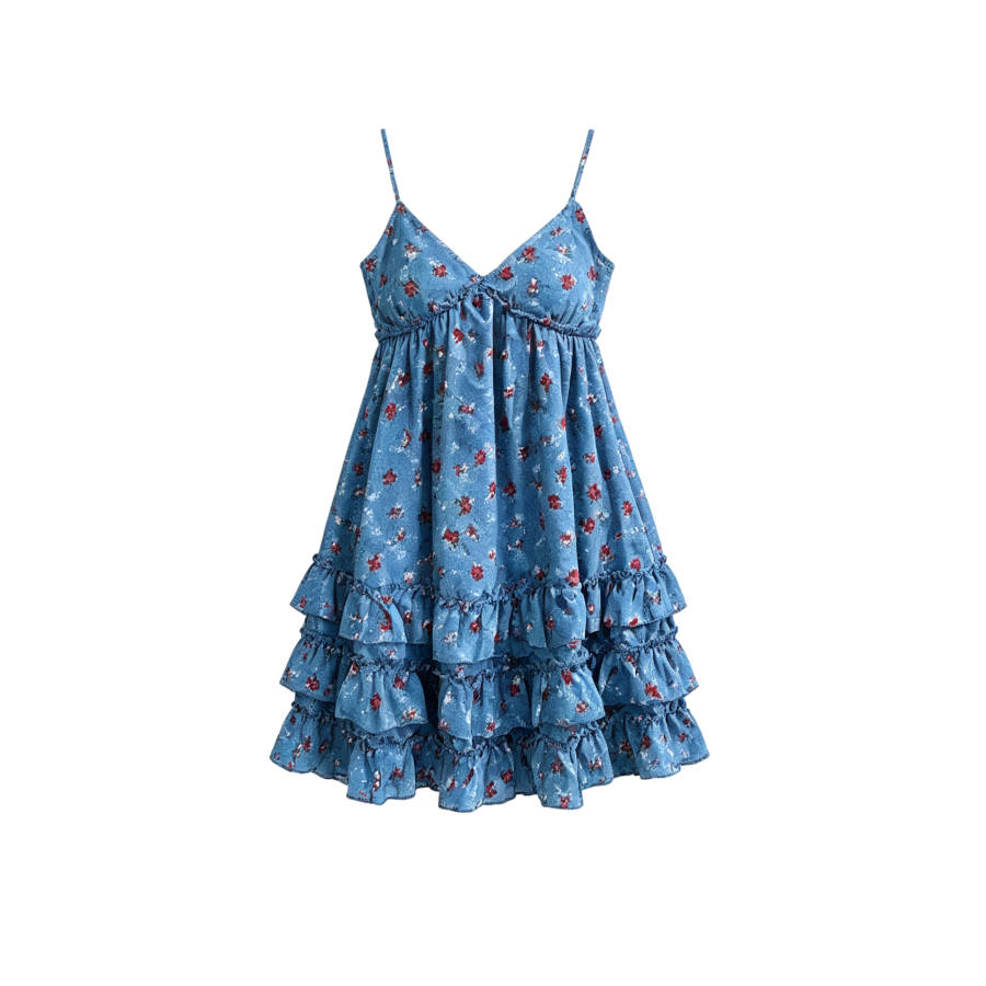 TUSHIFEI Slip Dresses Women's Blue Floral Moderate Short Skirt Tiered Skirt