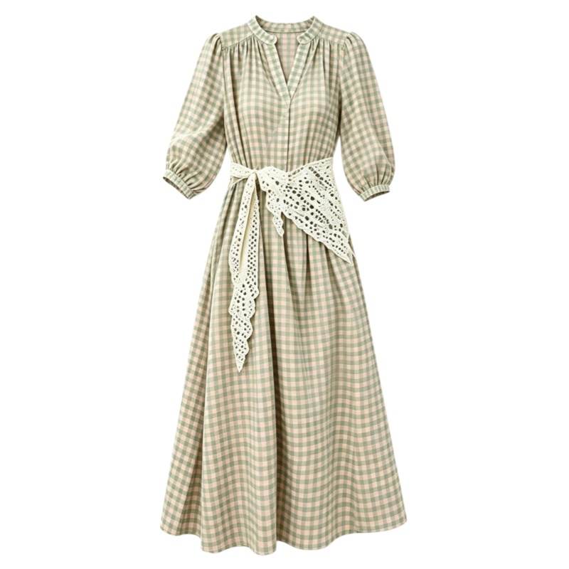 CPAURA Short Sleeved Dresses Women's Pink Green Plaid V Neck Moderate Long Skirt A Line Skirt