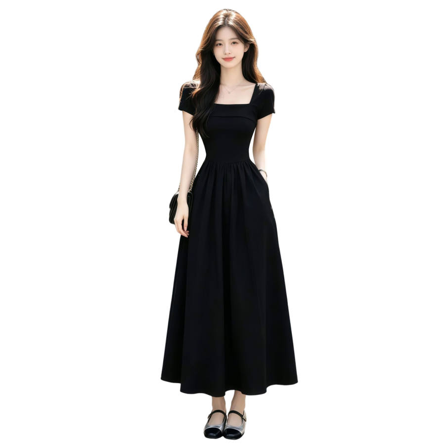 JBBCN Short Sleeved Dresses Women's Black Square Collar Moderate Long Skirt A Line Skirt