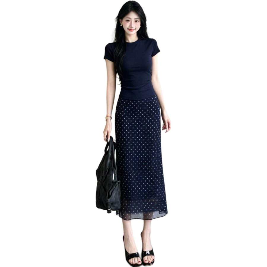 JBBCN Two Piece Skirt Sets Women's Crew Neck Thin Long Skirt